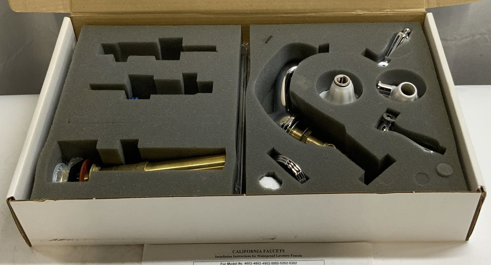 California Faucets Lavatory Faucet In Org Box: Box reads California Faucets. Model no 4402. Lot includes disassembled faucet in box & instruction manual. Box measures approximately 21.25 inches long 4 inches tall 12.5 inches deep. Faucet, Californ