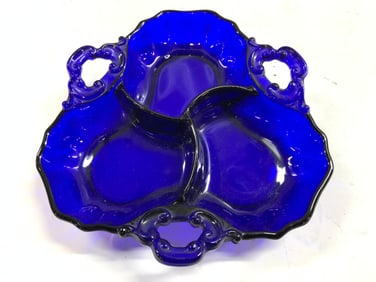 Cobalt Blue Art Glass Divided Leaf Dish