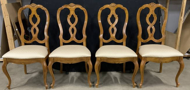 Set 4 Vintage Rococo Style Wooden Dining Chairs: Lot includes 4 chairs. Rococo style dining chairs. Each are tan toned & wooden with gold toned patterned upholstered seats. Chairs are vintage. Each chair measures approximately 39 inches tall 19 inch