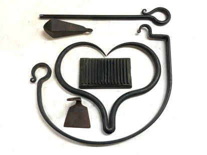 Lot 6 Assorted Antique Iron Tools: Antique possibly vintage. Lot includes 1 iron wall hook, 1 weight, 1 hand Fluter, 1 iron heart, 1 iron fireplace poker, iron wall Mount . Wall hook measures approximately 14.5 inches deep 15 inches ta