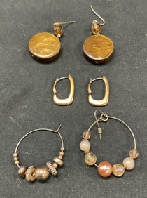 Lot 3 Pairs Earrings, Gold Plated, Beaded, & More