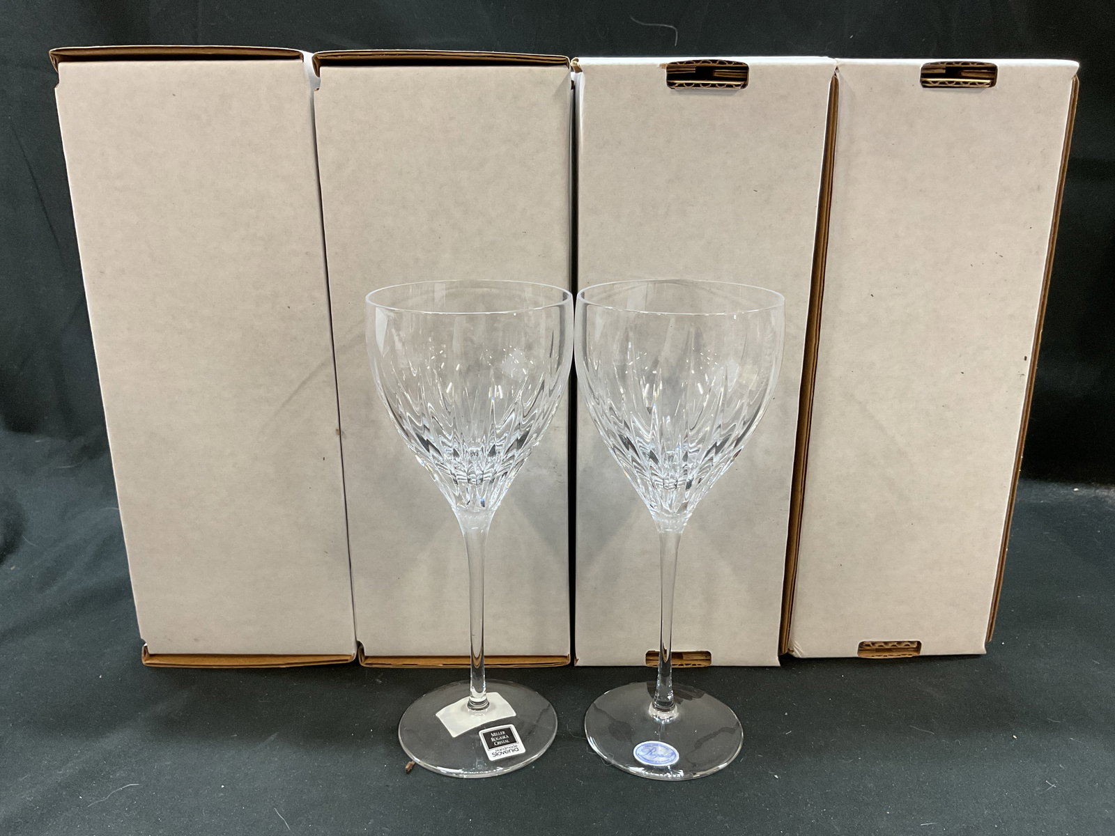 Set 10 Miller ROGASKA Crystal SoHo Wine Glasses: Set 10 Miller ROGASKA Crystal soho wine glasses. Crystal stemware. Handmade in Slovenia. Signed on underside. 8 x 3.25 inches. Some surface wear consistent with exposure. Miller ROGASKA, crystal glass