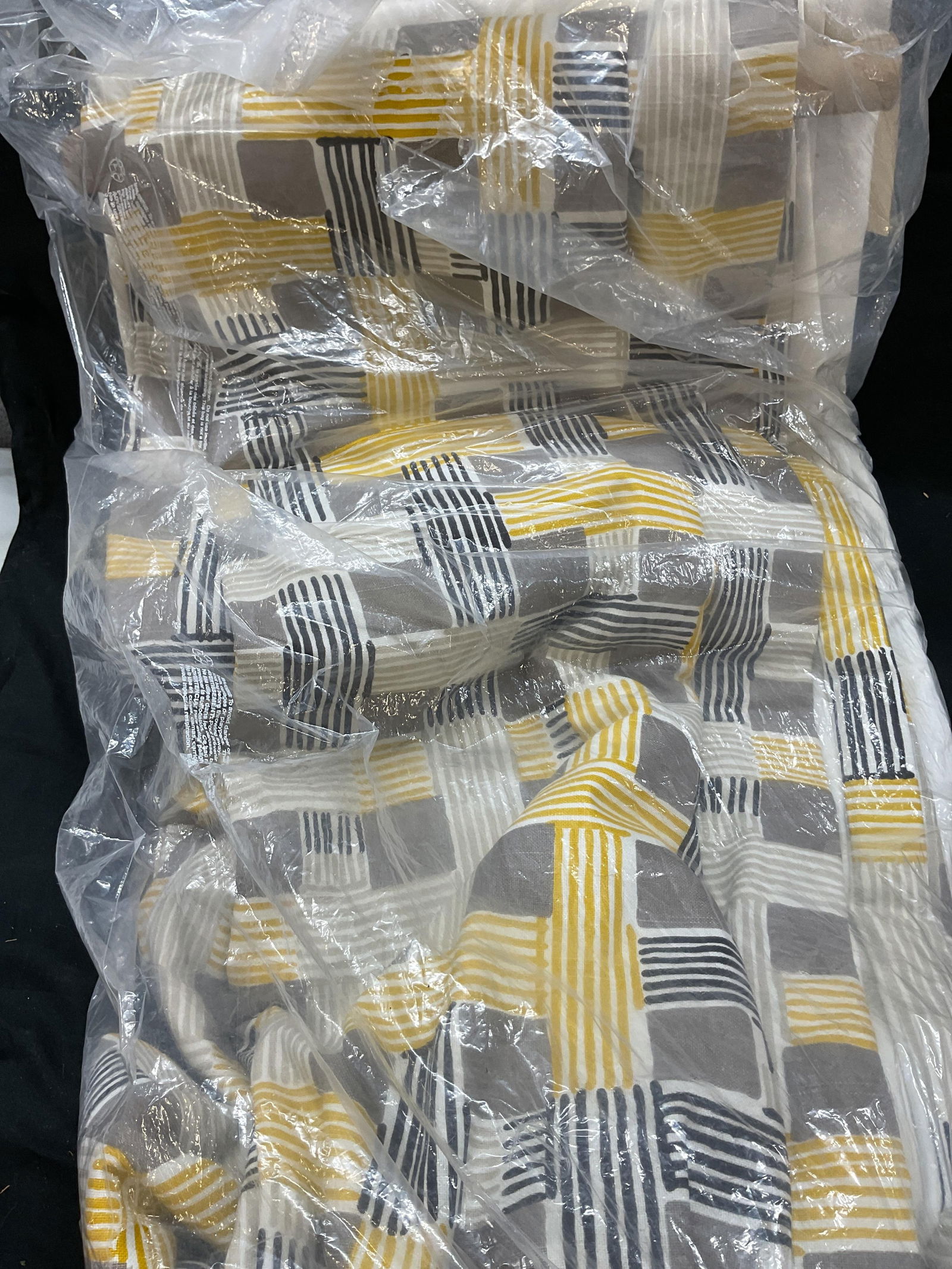 Set 2 Nylon Beige Yellow Stripe Patterned Curtains: Set 2 nylon beige yellow stripe patterned curtains. Beige, cream, black, yellow colors. Stripe and square patterns. Custom made, recently dry cleaned. 93 inches long. Some surface wear consistent with