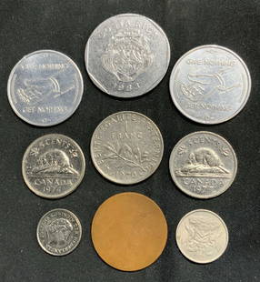 Lot 9 Vintage Coins, Franc, Nederlanden, & More: Lot includes 1 blank copper coin, 2 10 cent Nederlanden coins, 2 5 cent Canadian coins, 1 Franc coin, 1 10 colones Costa Rica Coin, & 2 novelty zero cent coins. Largest coin measure approximately 1.15