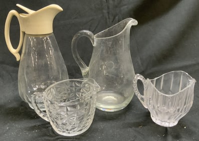 Lot 4 Assorted Art Gls Pitchers & Creamer Dishes