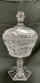 Vntg Cut Crystal Pedestaled Candy Dish W Lid