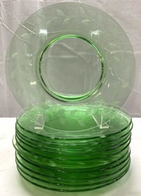 Set 12 Green Depression Glass Floral Pattern Plates