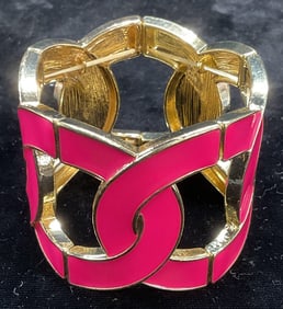 Gold Tone Pink Enamel Stretch Bracelet