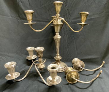 Kentshine Sterling Weighted Candelabra & Arms: Underside inscribed KENTSHINE. Lot includes 1 candelabra inscribed STERLING WEIGHTED on underside, top piece of candelabra with 3 arms & 2 additional arms. Each piece is vintage & sterling weighted. C