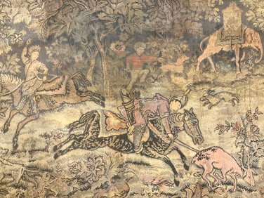 Atq French Needlepoint Tapestry W Hunt Scene