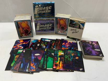 Lot 50+ 1990s Assorted Trading Cards CREATORS+: Lot 50+ 1990s Assorted Trading Cards CREATORS+ Lot includes assorted collectible trading cards from TOPPS FINEST IMAGE UNIVERSE, TRIBE THE INTRO, ULTRAVERSE, WICTHBLADE & CREATORS. Cards feature illus