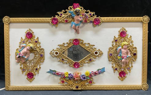 Ellie Haggerty Cherub Light Up Carousel Panel: Ellie Haggerty carousel panel. Ornate scroll trim with raised cherub Figurals and mirror accent. Hand painted with gilt decoration. Floral and crystal decoration. Light up mechanism, not tested for fu