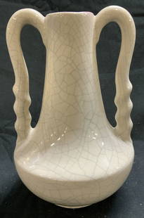 SIGNED Crackle Glaze Double Handle Ceramic Vase: SIGNED Crackle Glaze Double Handle Ceramic Vase Piece is made of ceramic & has a crackled glaze finish. Vase has two prominent handles with a distinctive wavy textured design. Signed & marked on under