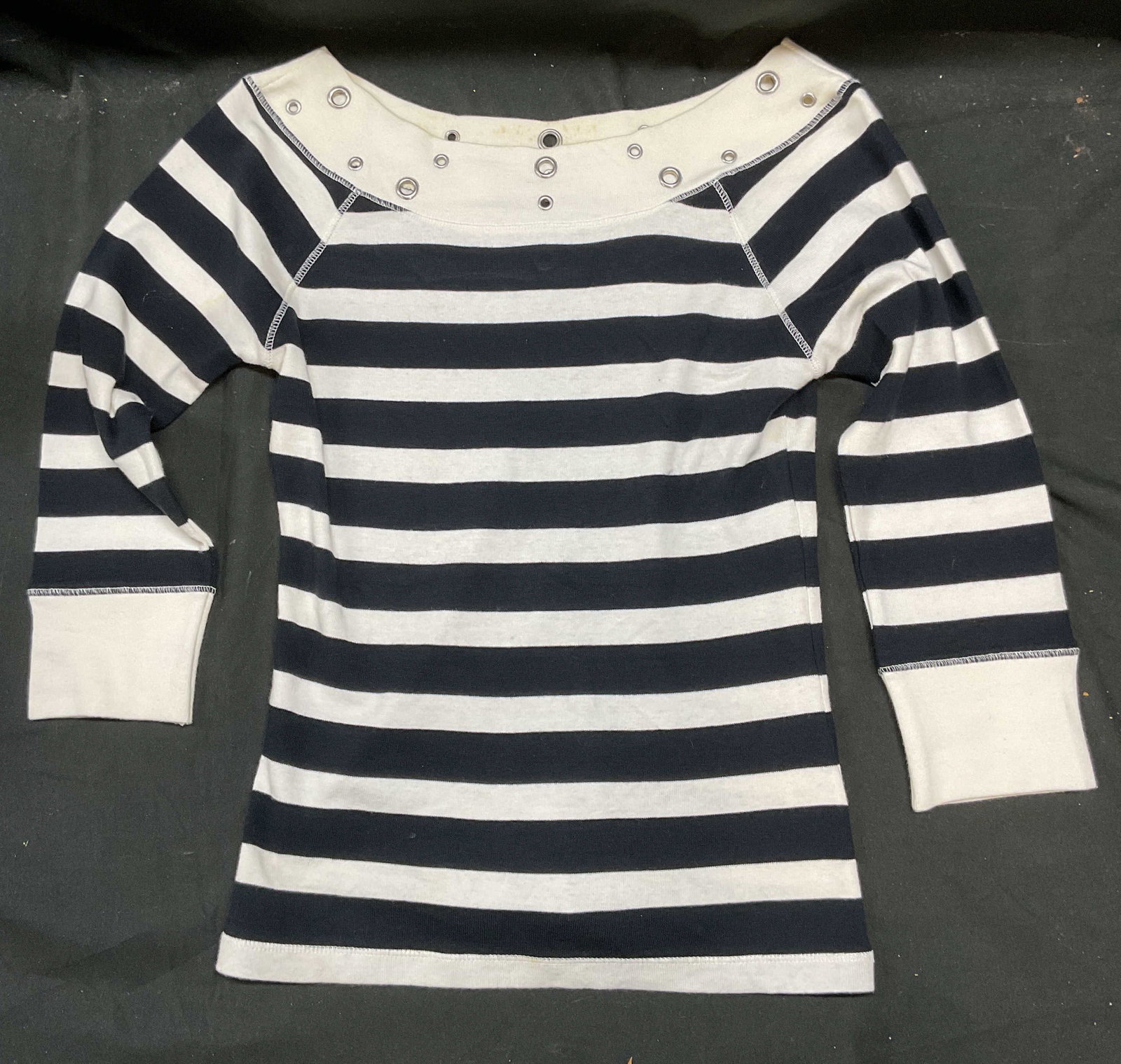 Caroll Black White Striped Boatneck Top: Caroll long sleeve boatneck top. Striped, black and white. Grommet detail on neck. Size 38. 100% cotton. Some wear to material including blemishes. Caroll top, designer top, designer fashion, boatneck