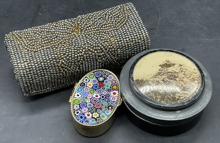 Lot 3 Vintage Trinket Boxes & Beaded Lipstick Case