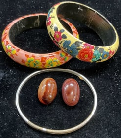 Lot 4 Agate Earrings, Floral & Gold Tn Bangles
