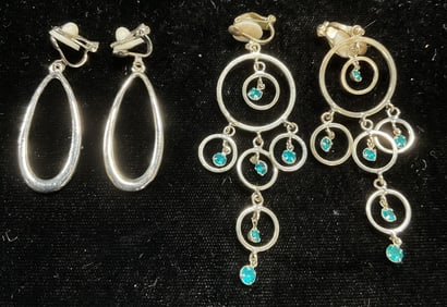 Lot 2 Vtg Silver Tone Crystal Dangle Earrings
