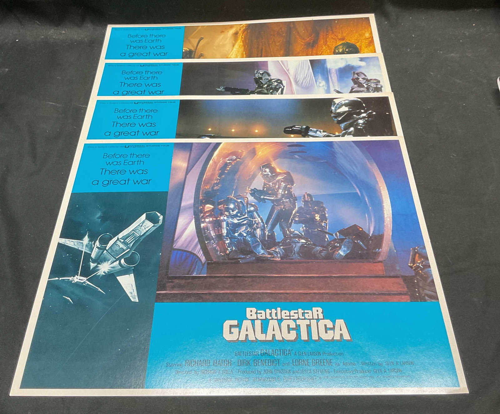 Lot 4 1979 Battlestar Galactica Lobby Card Posters: Lot of 4 1979 Battlestar Galactica lobby card posters. Starring Dirk Benedict, Richard Hatch, Lorne Greene. Directed by Richard A Colla. Measures approx 11 x 14 inches. Some wear to all consistent wit