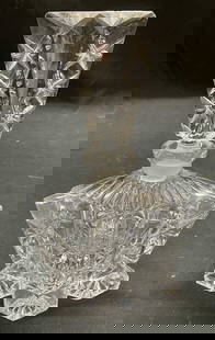 Vintage Clear Art Glass Perfume bottle: Vintage clear art glass perfume bottle with geometric pattern. Measures approx 4.25 x 3.25 x 6.75 inches including stopper. Some scratching and small chips observed. Art glass perfume bottle, perfume