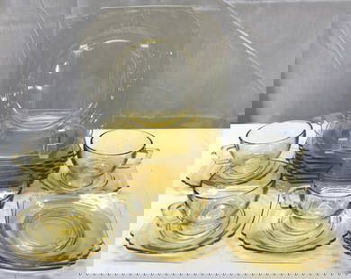 Lot 19+ Fostoria Yellow Depression Glass Tableware: Lot 19+ Fostoria Yellow Depression Glass Tableware 4 cups, 7 saucer plates & 8 dinner plates. Pieces have a FOSTORIA pattern that consists of scalloped edges & a yellow glass color. Surface wear consi