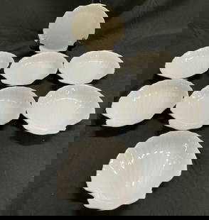 Lot 8+ Scallop Shell Porc Dish LORD&TAYLOR JAPAN: Porcelain dish features a distinctive scallop shell shape & a glossy white glaze. Underside is signed & marked. Reads MADE IN JAPAN, EXPRESSLY FOR LORD & TAYLOR. Surface wear consistent to age, use &