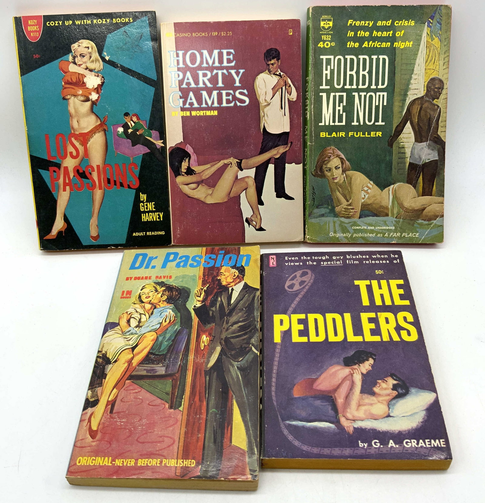 Lot 5 Pulp Fiction Erotica Books 1950-1970s DAVIS+: Lot 5 Pulp Fiction Erotica Books 1950-1970s DAVIS+ Lot includes Lost Passions by Gene Harvey, Forbid Me Not by Blair Fuller, The Peddlers by G.A. Graeme, Dr. Passion by Duane Davis & Home Party Games 