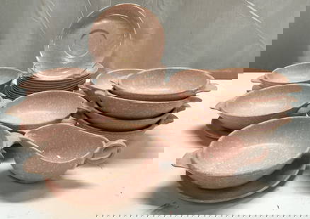 Lot + Vntg Melamine Pink Speckled Bowls & Saucers: Lot + Vntg Melamine Pink Speckled Bowls & Saucers 17 saucer plates, 9 plates & 1 creamer. Pieces have a pick speckled color. Surface wear consistent to age, use & exposure. Measurements: length 7in x