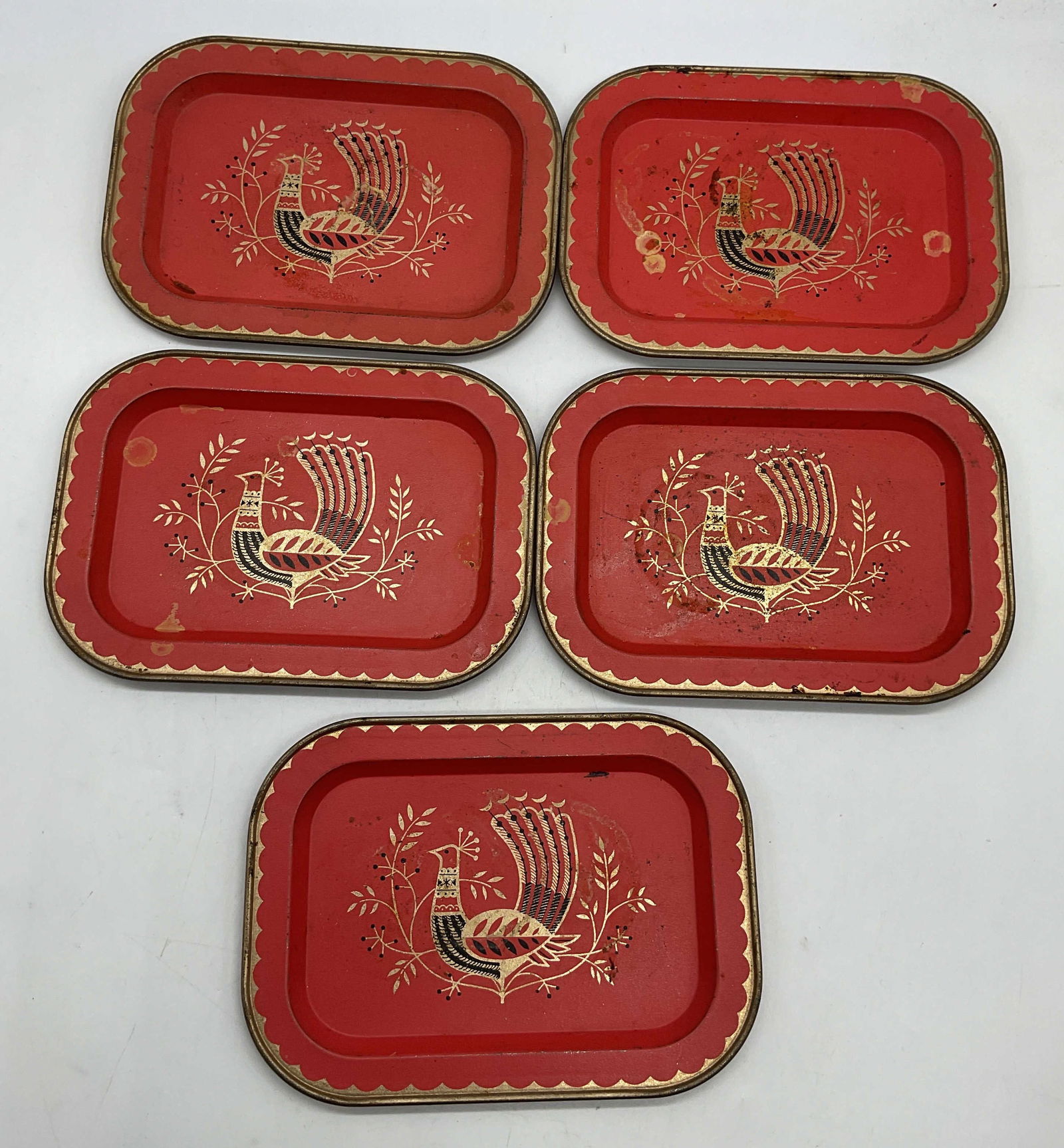 Set 5 Vtg Red Gilt Peacock Enamel Metal Trays (1 of 6)
