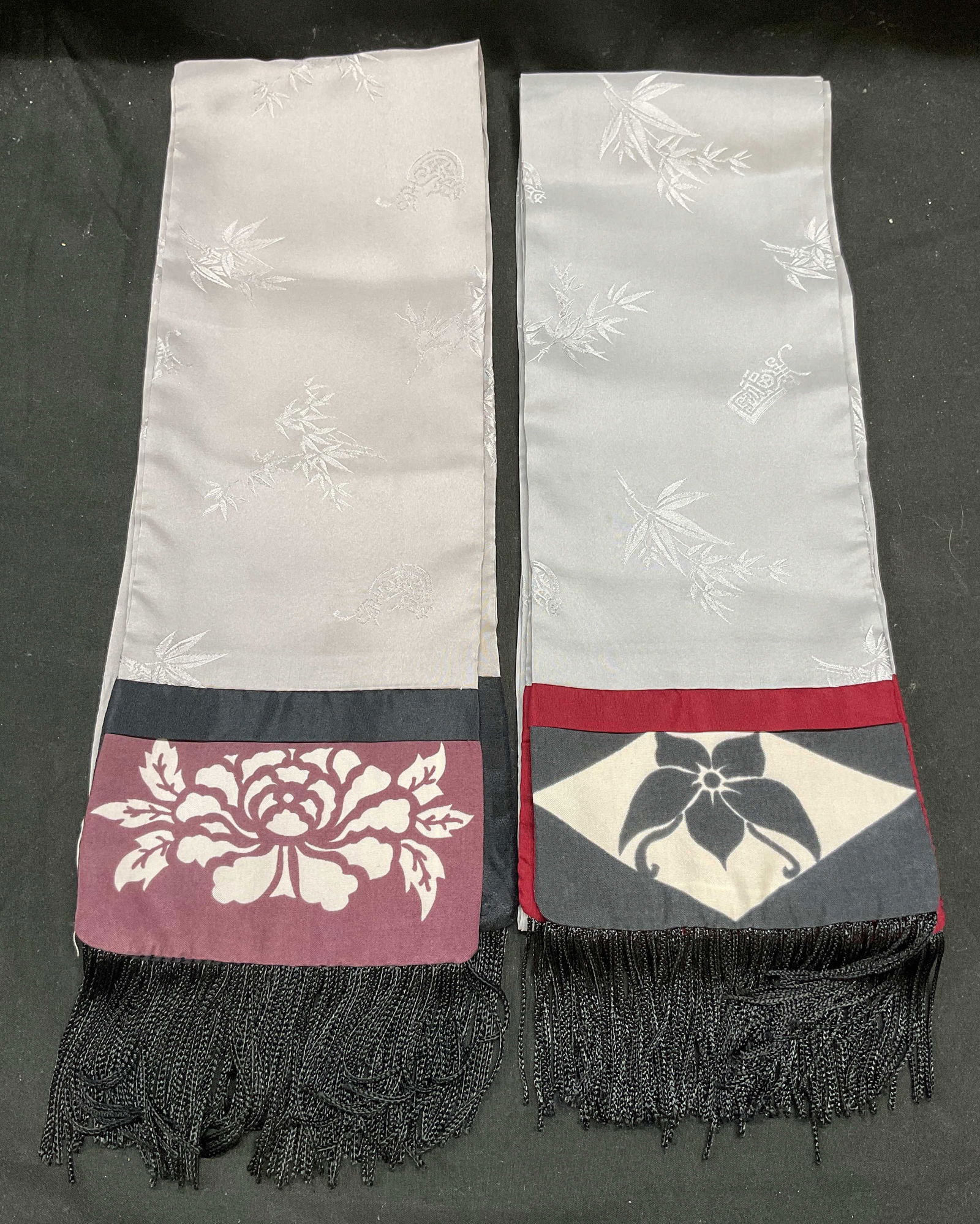 Lot 2 Vintage Asian Floral Print Silk Scarves: Lot of 2 vintage silk scarves with floral Asian print and fringe trim. Measure approx 50 inches long. Some blemishes observed. Scarf, vintage scarf, Asian print scarf, floral scarf, silk scarf, wearab