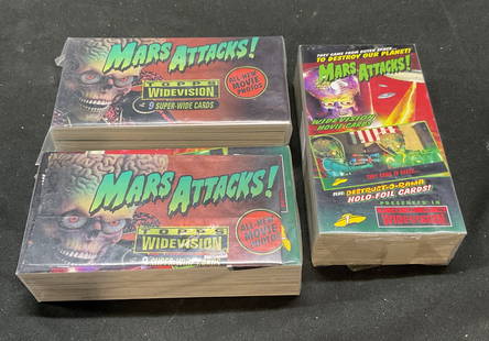 Group Lot 50+ Vtg Mars Attacks Movie Trading Cards: Group lot of 50+ vintage Mars Attacks movie trading cards. Cards measure approx 4.75 x 2.5 inches. Not examined individually, all pieces may have some wear consistent with exposure. Trading cards, vin