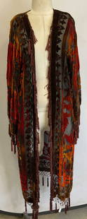 Vtg Ario. A Viscose Silk Red Orange Floral Robe: Vintage Ario. A viscose silk red orange floral robe. Beaded brown tassels align long sleeve robe. Small beads all around in floral design. 70% viscose, 30% silk. 20 inches across chest. Some surface w