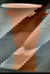 Vtg Pottery Urn Matte Deep Pink Rose Vase Abington: Vintage pottery urn matte deep pink rose vase. Footed pedestal urn vase. Salmon, pink rose color. Matte finish. Signed on underside. 9 x 3.5 inches. Some surface wear consistent with exposure, some re