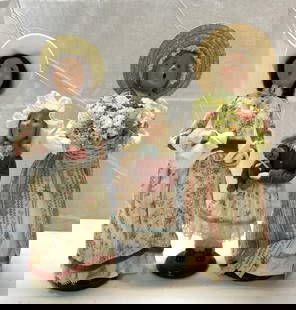 Lot 3+ Byers Choice The Carolers Floral Figurines: Lot 3+ Byers Choice The Carolers Floral Figurines Lot includes 3 Carolers figurines. Figurines are wearing floral dresses & holding either a basket or a tea set. Signed & marked. Underside reads BYERS