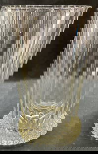 Vintage Heavy Art Glass Ribbed Hobnail Vase: Vintage Art glass vase with ribbed designer and hobnail base. Thick walled glass, piece is heavy. Measures approx 5.5 x 9 inches. Some scratching observed. Art glass vase, ribbed vase, hobnail vase, h