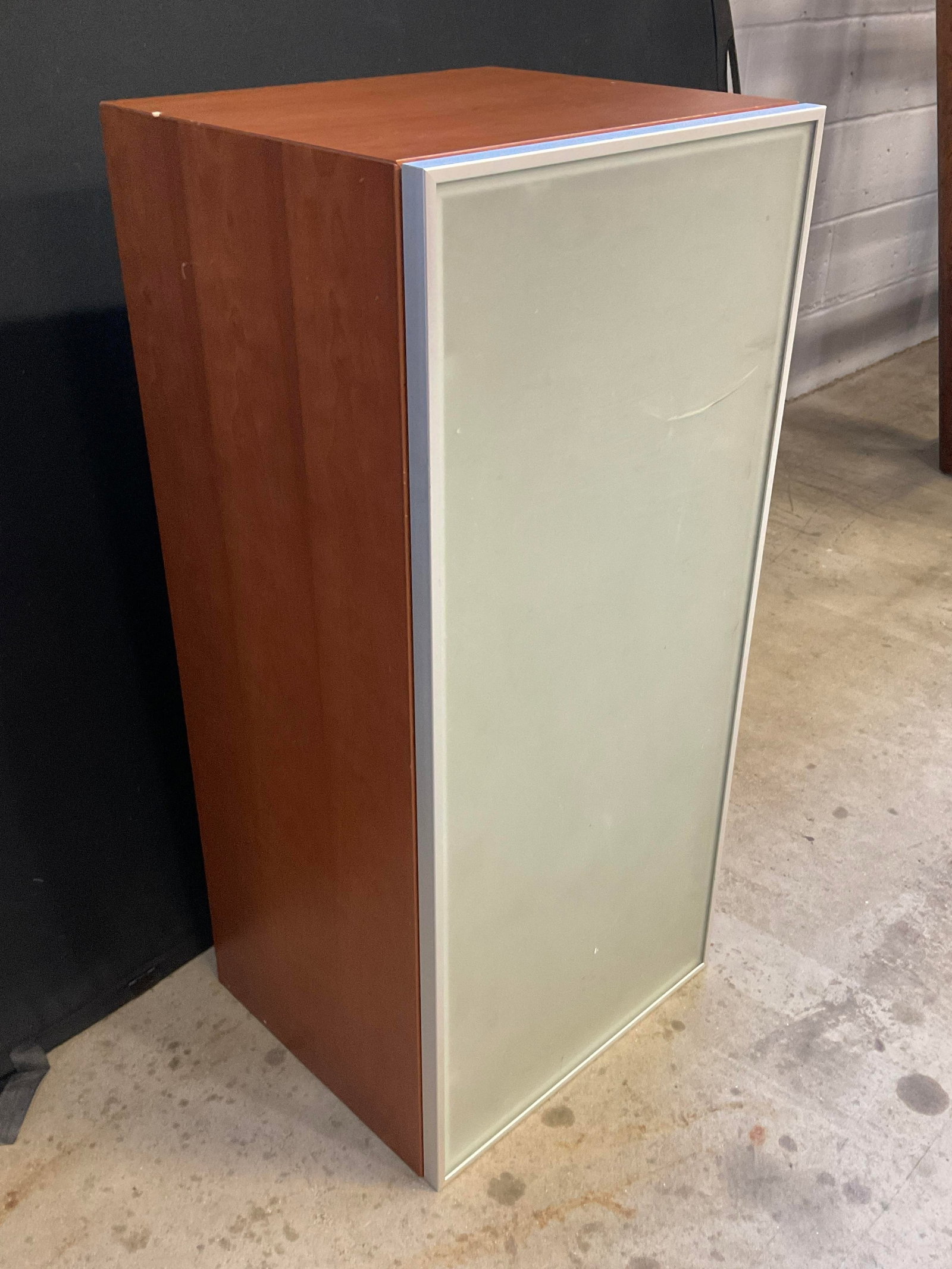 Rectangular Frosted Glass Door Cabinet: Rectangular Frosted Glass Door Cabinet. Door to the obverse opens with metal hardware. Measures approx. 14D x 16W x 34.5H in. Discoloration, surface wear, residue, and chipping present. home decor, ho
