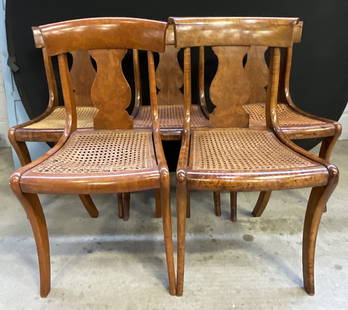 Set 5 Vintage Caned Seat Fiddle Back Dining Chairs: Set of 5 Vintage Caned Seat Fiddle Back Dining Chairs. Appears to be crafted from tiger maple. Measures approx. 32H x 17.5W x 17.5D in. Losses to caning, loose pieces, separation, discoloration, crack