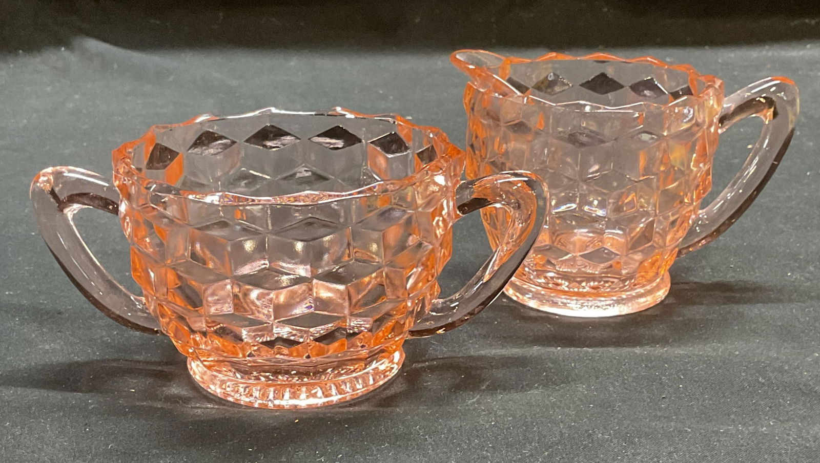 Set 2 Pink Depression Glass Sugar Bowl & Creamer (1 of 7)