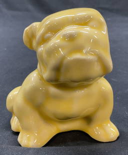 Vtg Mid Century Bulldog Yellow Pottery Planter: Vintage mid century bulldog yellow pottery planter. Small Yellow English bulldog planter. Ceramic porcelain glazed succulent pottery planter. 3.5 x 4 x 2.75 inches. Some surface wear consistent with e