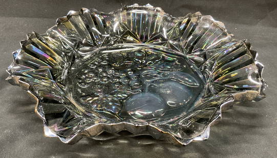 Vtg Federal Carnival Glass Pioneer Fruit Bowl: Vintage federal carnival glass pioneer fruit bowl. Smoke colored glass with iridescent carnival finish. Embossed fruit design in center. Crimped or ruffled edges and pleated ruffled border. 10 x 2 inc