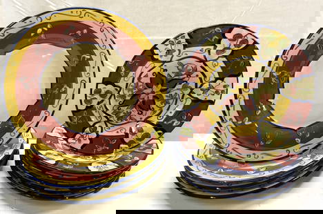 Lot 10 PIER1 Valllarta Hand Painted Ceramic Plates: Lot 10 PIER1 Valllarta Hand Painted Ceramic Plates 4 dinner plates & 6 salad plates. Each plate is hand-painted & has a distinctive floral design in colors of red, yellow & blue. Center of plates have