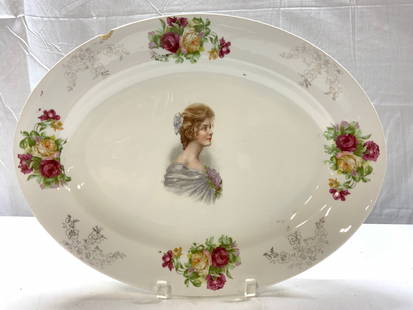 Antique POPE GOSSER CHINA Portrait Oval Platter: Antique POPE GOSSER CHINA Portrait Oval Platter Antique possibly vintage. Porcelain oval platter features a central portrait of a woman surrounded by flowers on the borders. Platter has visible chippi