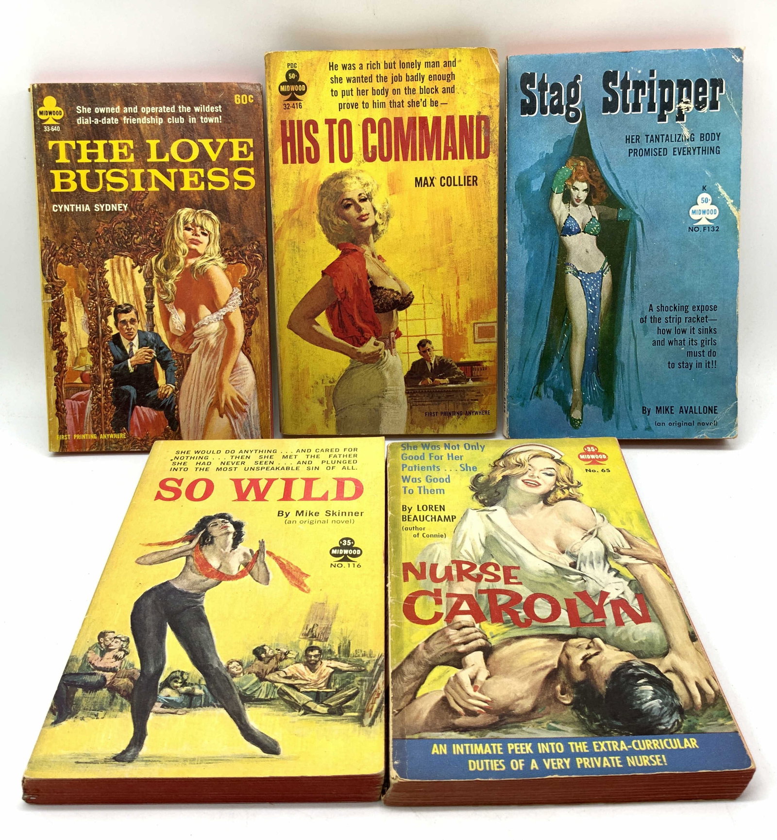 Lot 5+ Pulp Fiction Erotica Books 1960s BEAUCHAMP+: Lot 5+ Pulp Fiction Erotica Books 1960s BEAUCHAMP+ Lot includes, Nurse Carolyn by Loren Beauchamp, Stag Stripped by Mike Avallone, So Wild by Mike Skinner, His to Command by Max Collier & The Love Bus