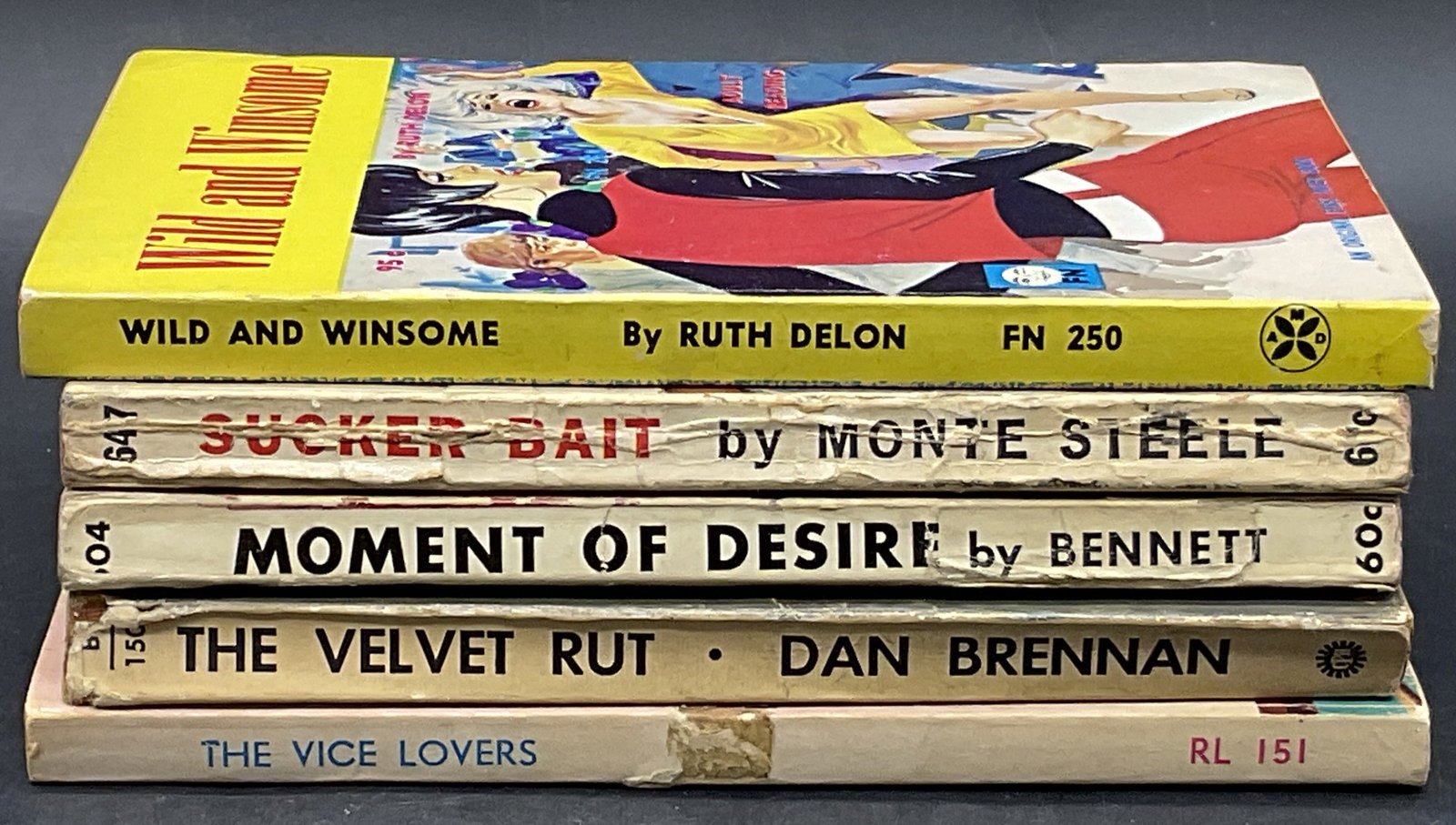 5 Pulp Fiction Erotica Books, 1967 Ruth Delon +: Five Paperback Pulp Fiction Erotica Books. Includes 1967 ORIGINAL FIRST NITER BOOK WILD AND WINSOME By RUTH DELON, SUCKER BAIT By MONTE STEELE, MOMENT OF DESIRE By BENNETT, THE VELVET RUT By DAN BRENN