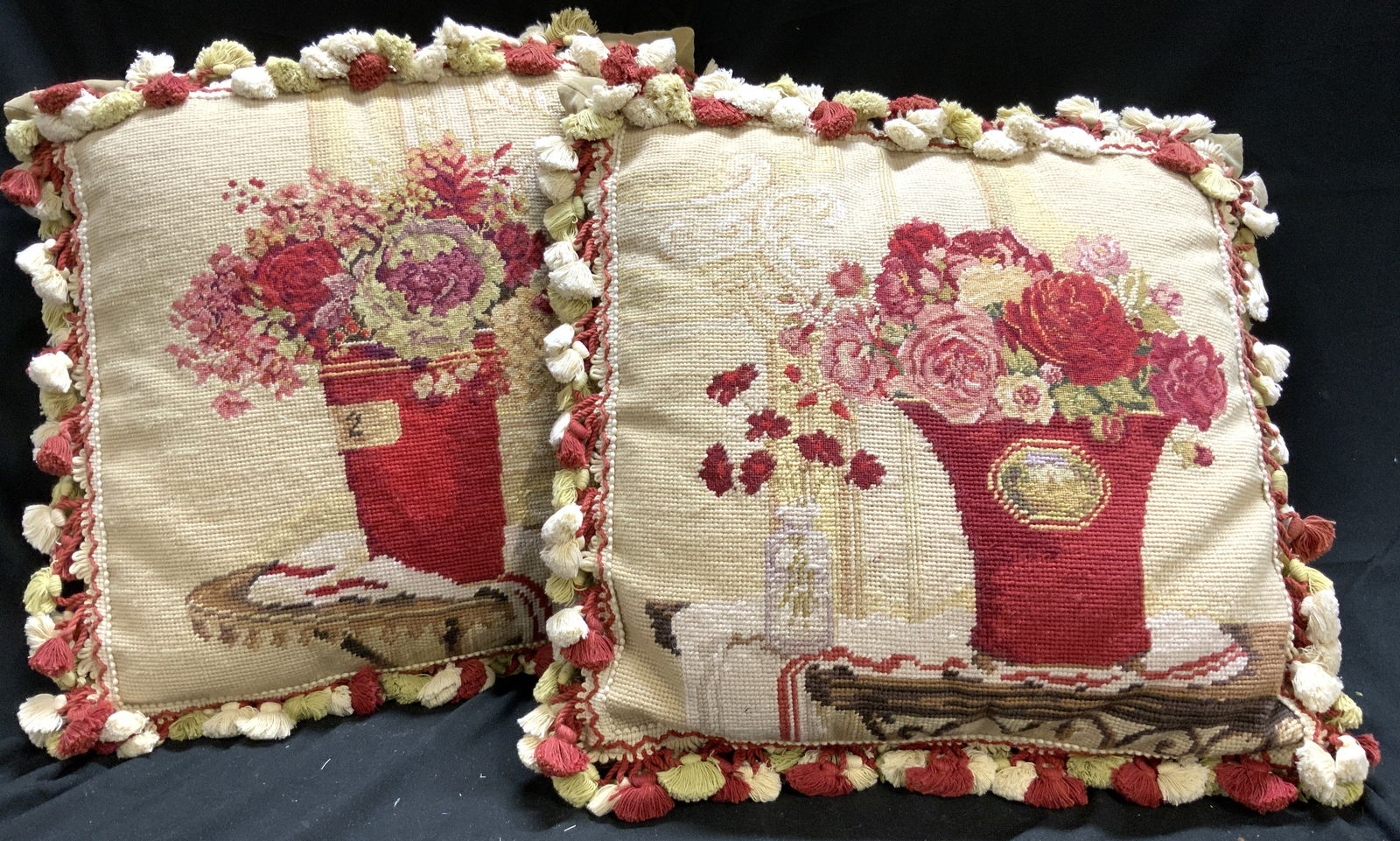 Vtg Pr Needlepoint Floral Tassel Throw Pillows (1 of 7)