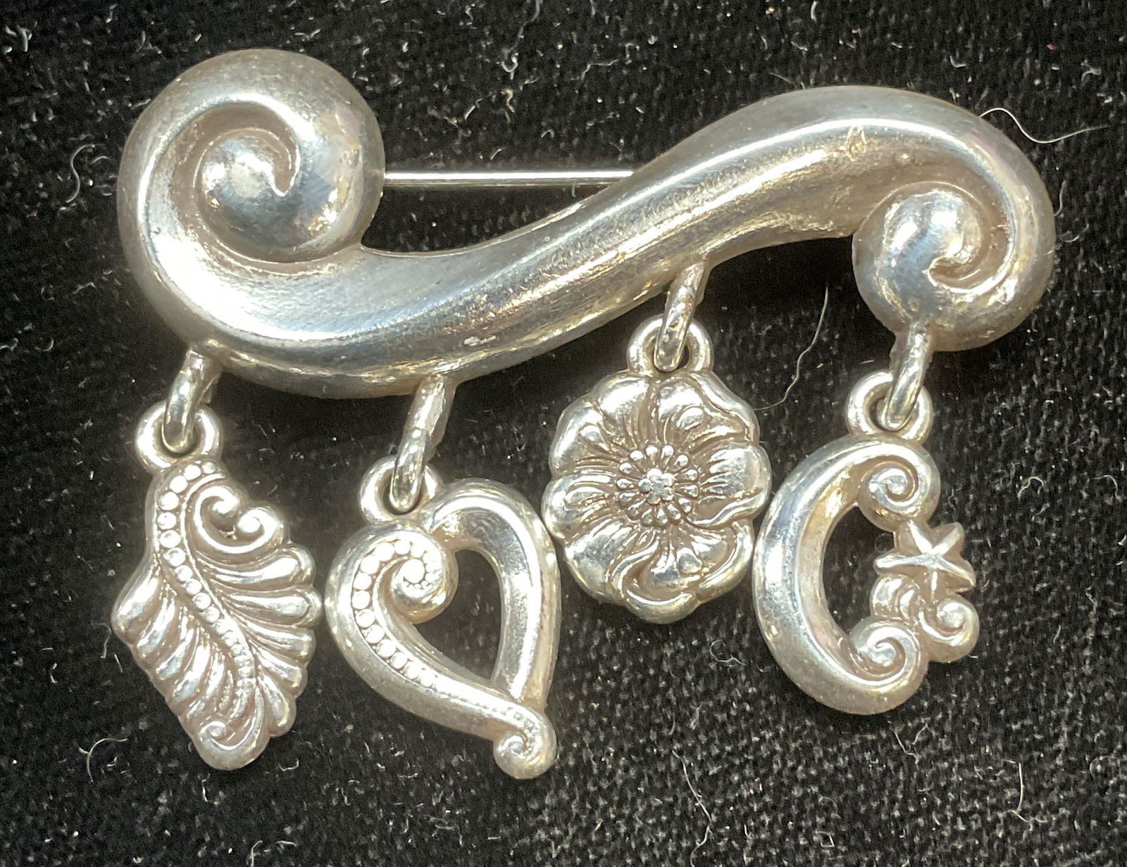 Vtg Silver Tone Bar Heart Flower Pendant Brooch (1 of 6)