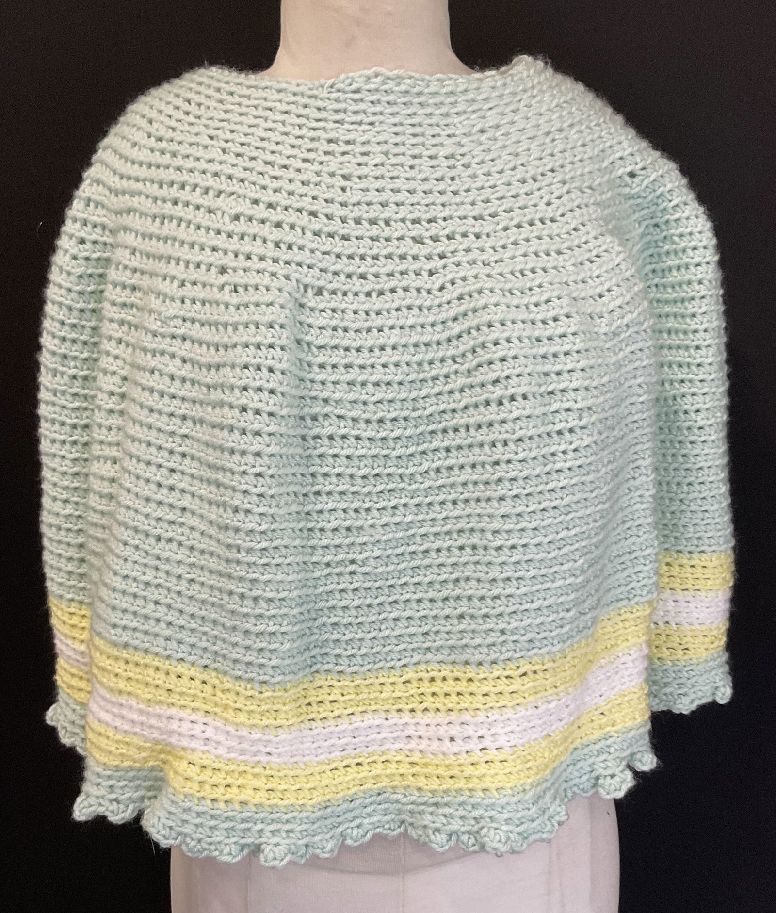 Handmade Crochet Shawl / Wearable Accessory: Handmade Crochet Shawl / Wearable Accessory. Pastel hues to the piece. Measured from end to end approx. 32 inches. Surface wear consistent with age, use, and exposure. Pulls to fabric. Wearables, fash
