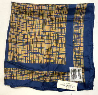 BILL BLASS Sally Gee Geometric Silk Scarf Japan: BILL BLASS Navy & Gold Geometric Silk Scarf JAPAN Silk scarf features a navy & gold geometric pattern. Pattern consists of intersecting lines. Signed & marked. Reads BILL BLASS FOR SALLY GEE. MADE IN