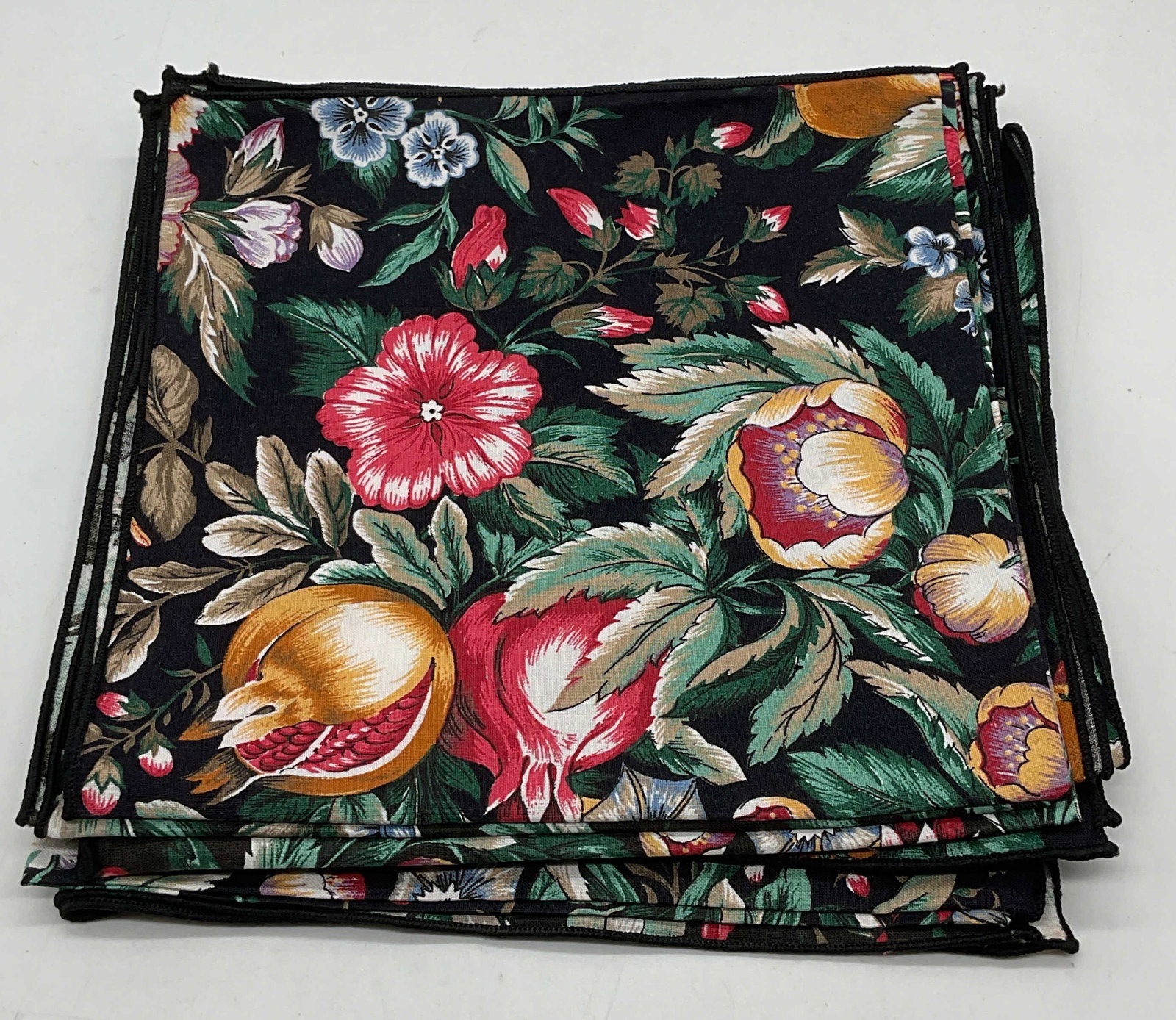 Set 9 Black Multicolor Floral Print Napkins: Set of 9 black multicolor floral print napkins. Feels like cotton. Measure approx 17 x 17 inches. Some wear to all including blemishes. Napkins, floral napkins, black napkins, table decor, table acces
