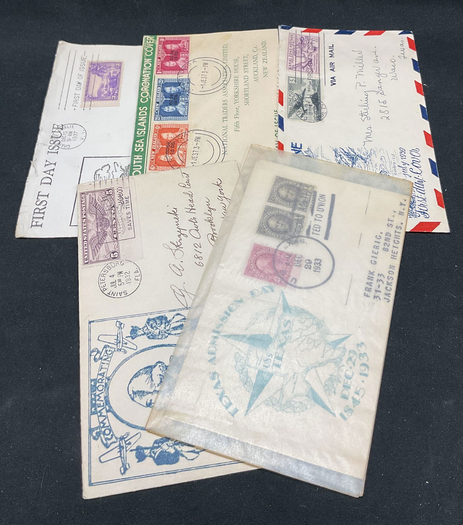 10 Antq&Vntg 1900-1939 1st Day Issues Stamps USA+: Group Lot of 10 antique 1st day issues stamps. Variety of stamps from different countries including, New Zealand, USA, Virgin Islands. All unique stamps with different designs and colors. All stamps o