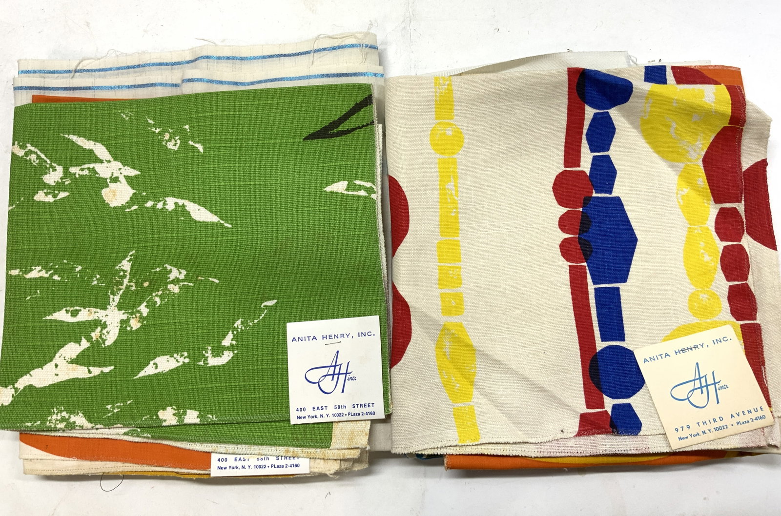 7+ Anita Henry WAVE LENGTH Hand Print Textiles: 7+ Anita Henry WAVE LENGTH Hand Print Textiles 7 wave length & Hadley hand print textiles. Textiles feature either floral or geometric patterns & vary in size. Signed & marked. Surface wear consistent